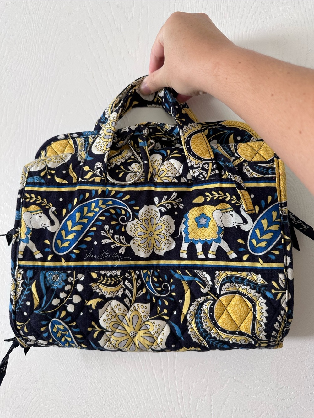 Vera Bradley Navy Yellow Paisley Elephant Quilted Cosmetic Toiletries Tote